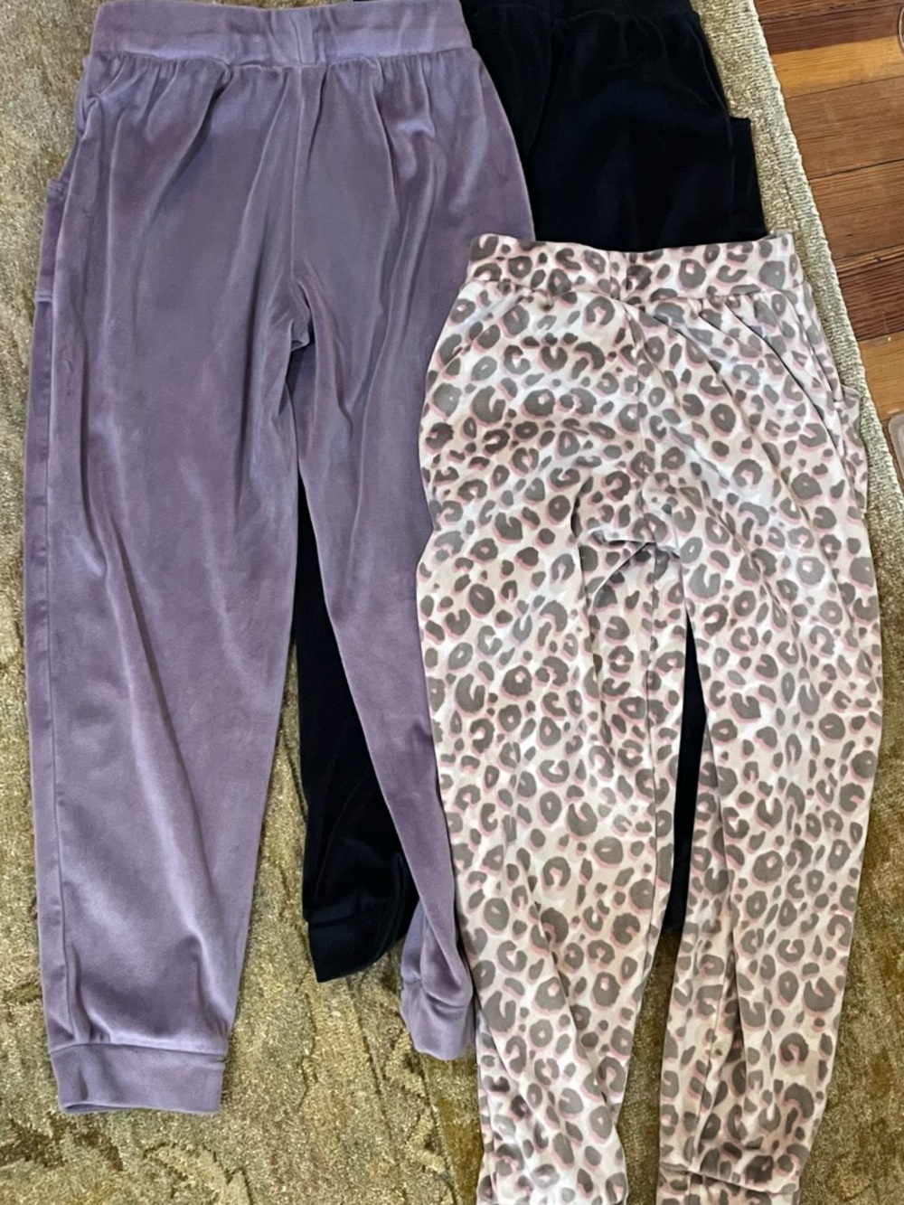 Lot of 3. Cat & Jack Girls' Velvet Joggers in Lavender, Black, and Pink Leopard - Picture 2 of 6